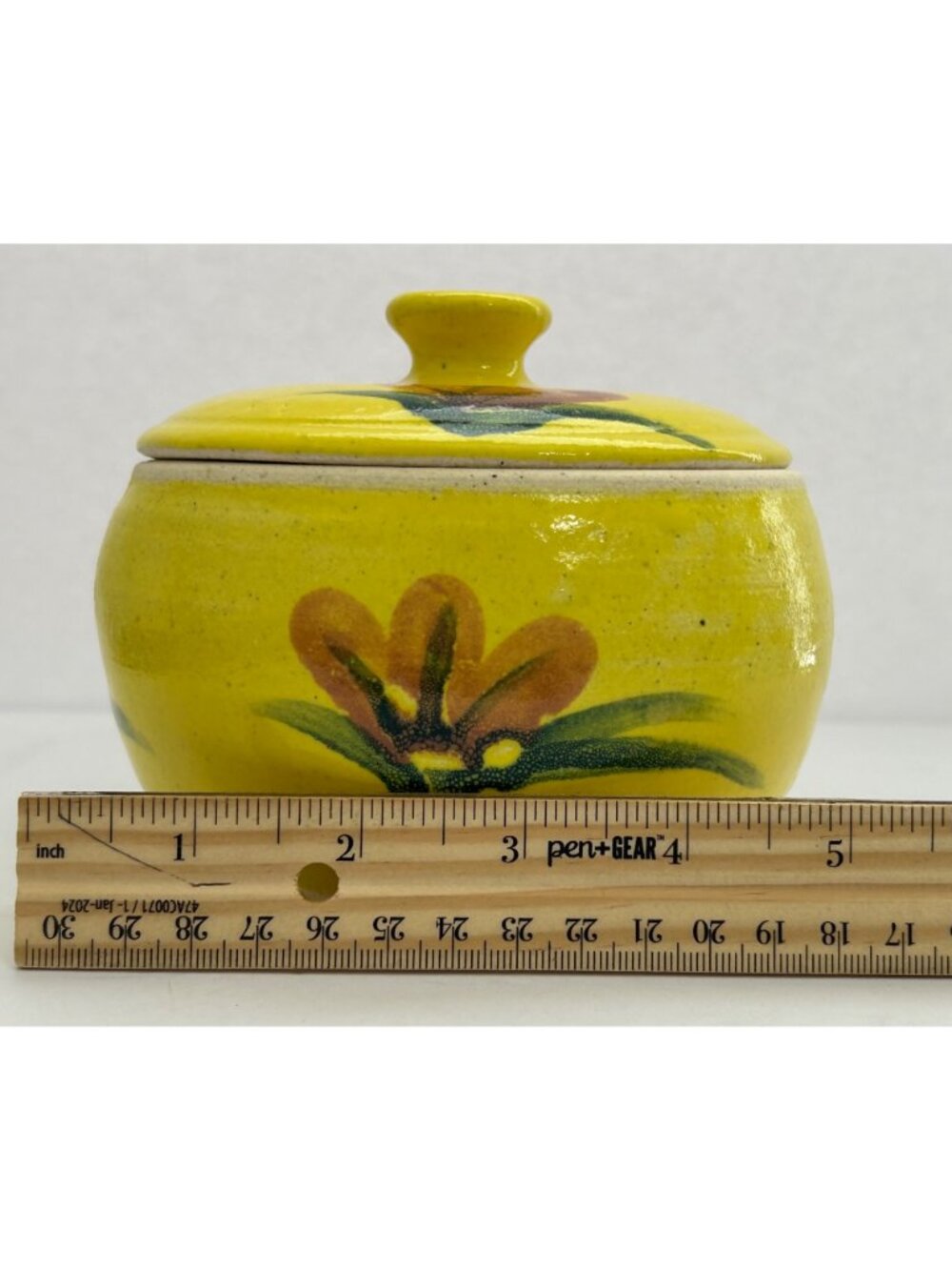Vintage Vibrant Yellow Lidded Pottery Jar Floral Cottagecore Farmhouse Country - Picture 7 of 8